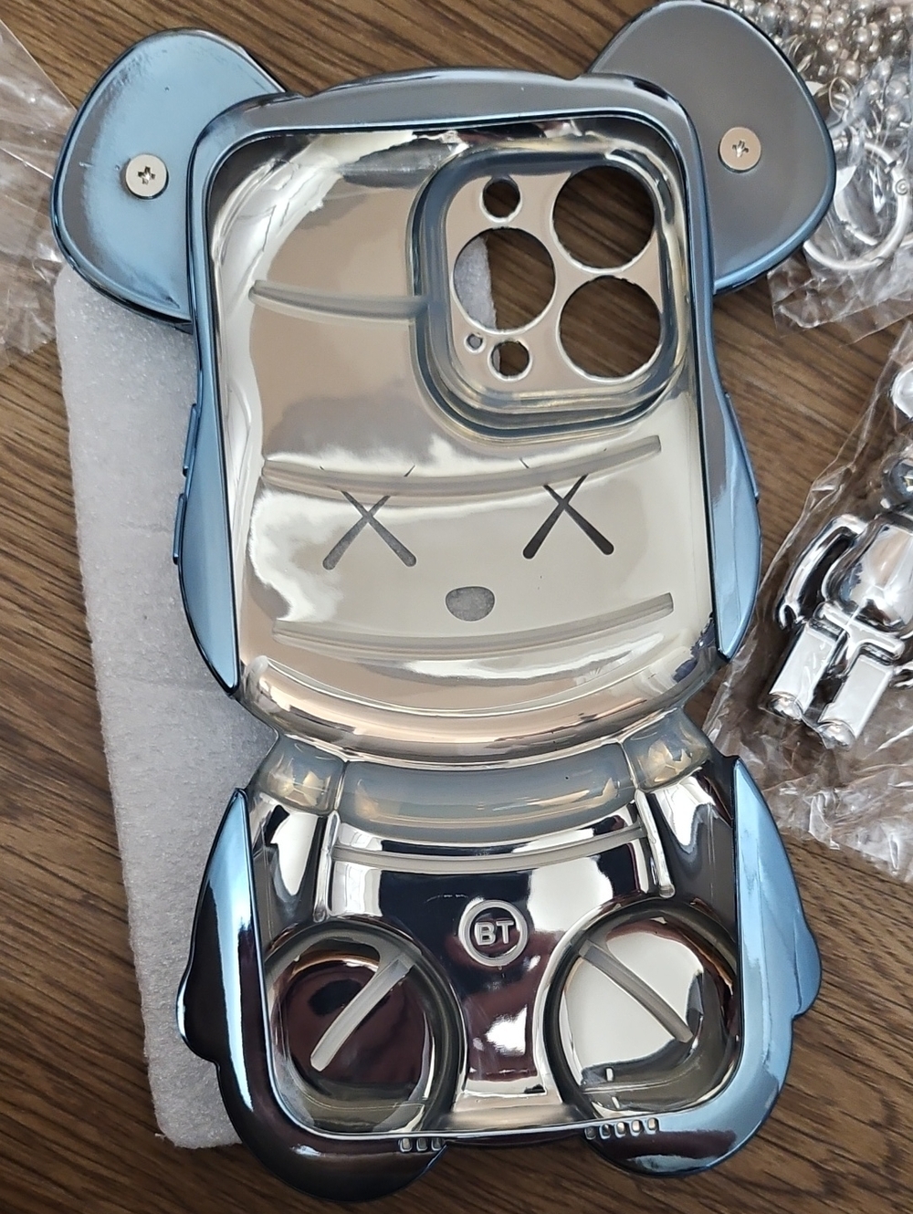 Blue Metallic Bear Phone Case with Silver Bear Bell Keychain Iphone 13 Pro Max - Picture 6 of 7